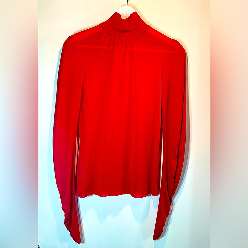 Frenchi size small red Nylon sheer button up turtle neck blouse.